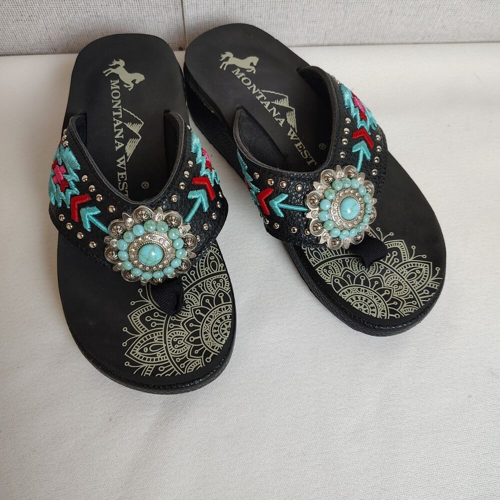 Montana West Womens 6 Wedge Sandals Turquoise Concho Embroidered Western Boho